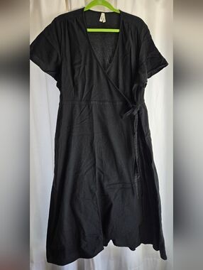 Pact Faux-Wrap Black Linen Midi Dress Pockets